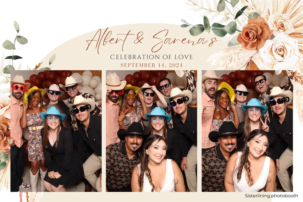 A wedding print layout with the couple's names, the date and three photos of guests